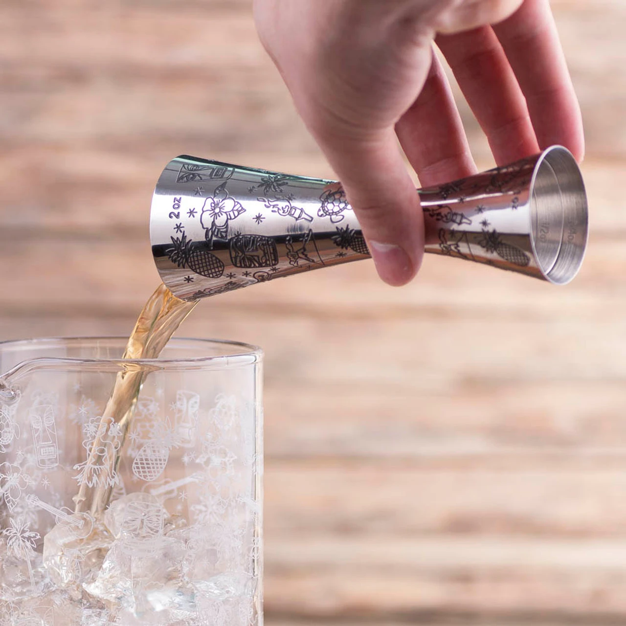 Urban Bar Etched Tiki Aero Stainless Steel Cocktail Jigger - 1oz & 2oz - Image 5