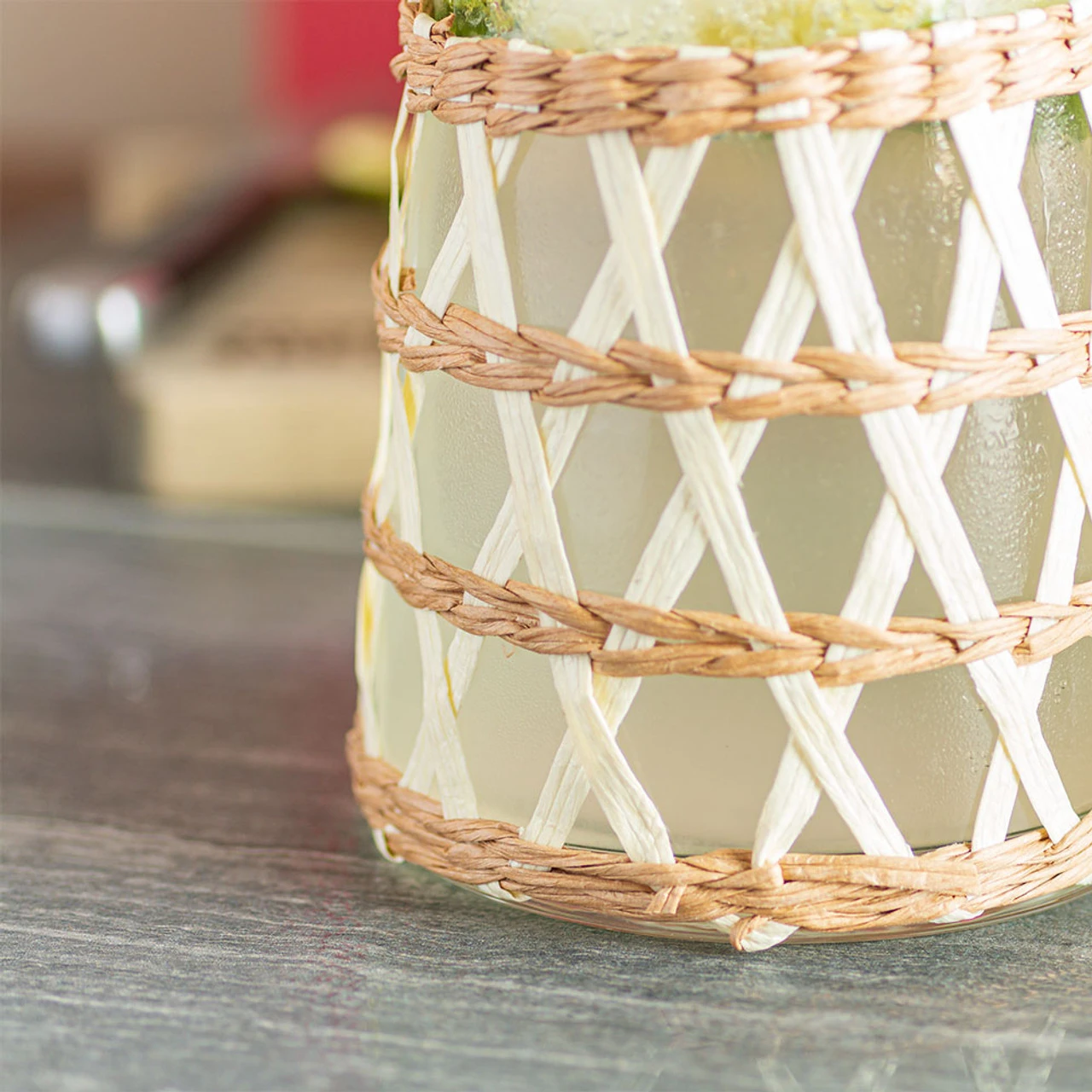 Amanda Lindroth Woven White Island Raffia Wrapped Carafe & Cooler Glass Set - 3 Pieces - Image 3